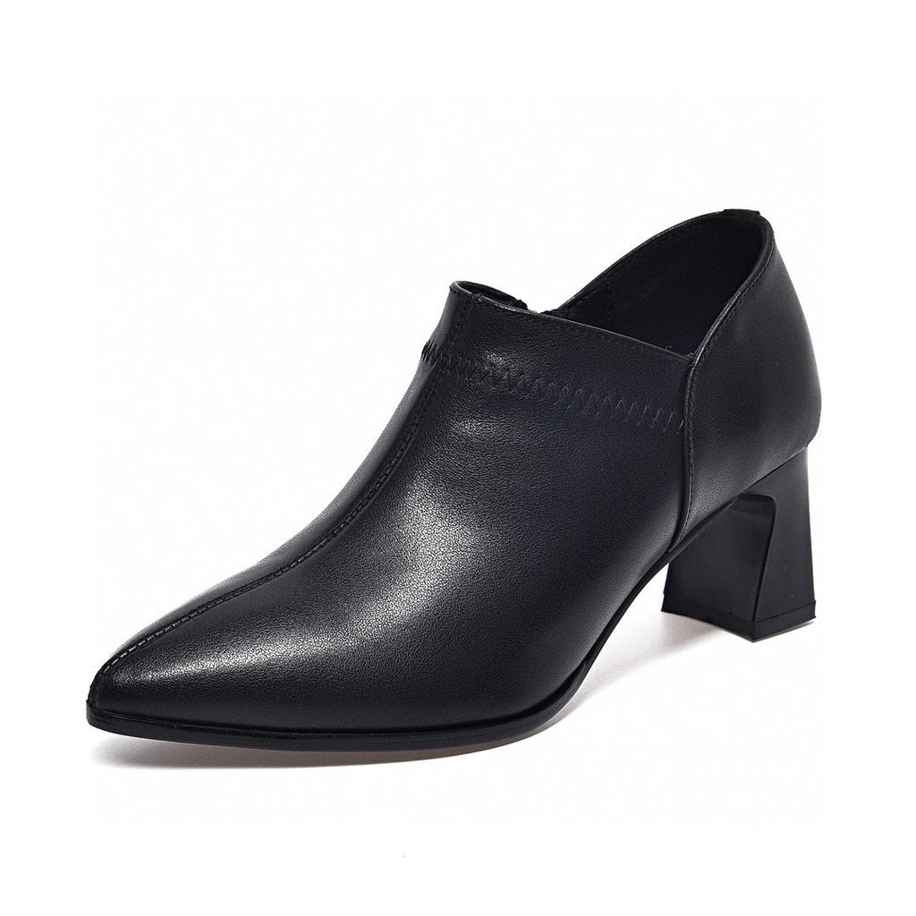 Pointed high heels women's single shoes spring new first-layer cowhide ruffle side zipper fashion shoes