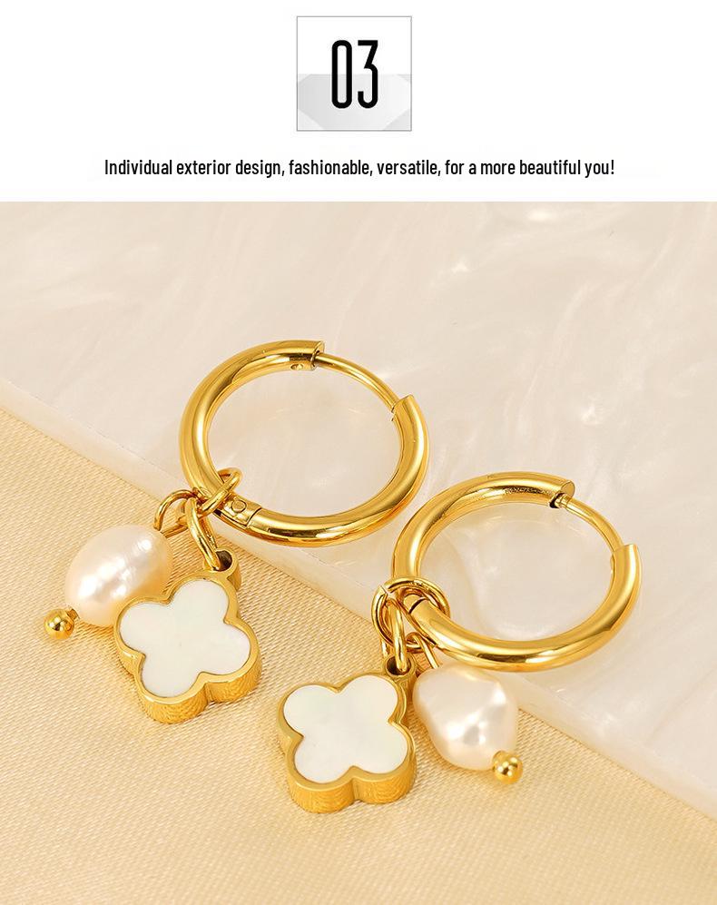 18K Gold-Plated Stainless Steel Clover Pearl Earrings - European & American Fashion for Women