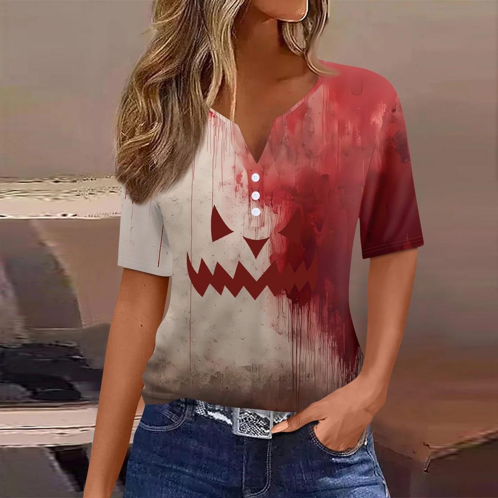 Women's T Shirt Halloween Print Button Short Sleeve Daily Weekend Fashion Basic V- Neck Regular Top