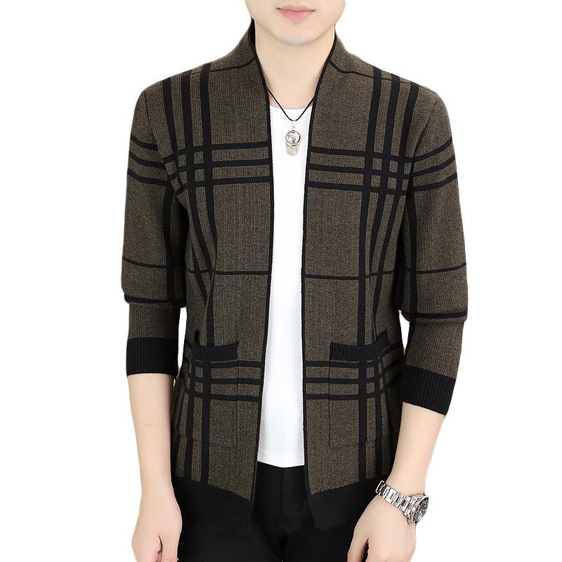 Hot Sale, Men's Long Sleeve Knitted Sweater Plaid Cardigan Youth Fashion Casual Sweater Jacket