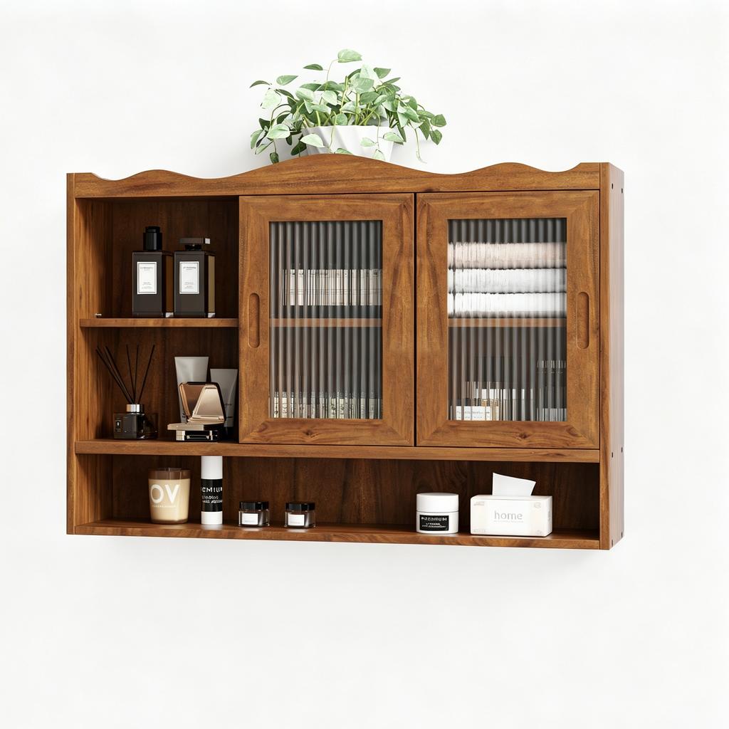 90CM Retro 2-türiger Schiebeschrank Drei Ebenen Stauraum, Geeignet für Badezimmer, Küchen, Esszimmer, Braun