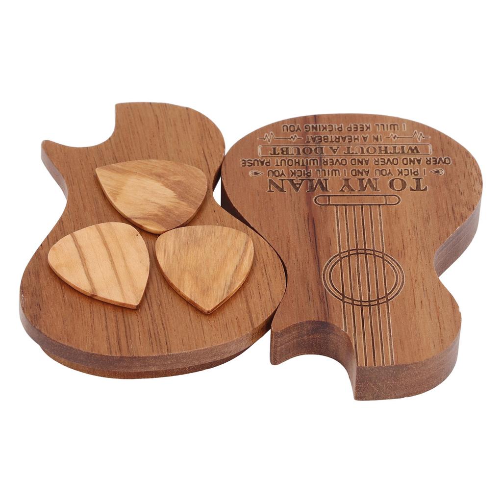 Guitar Pick Box Engraved Guitar Portable 3 Wooden Picks and Storage Case for Birthday Christmas