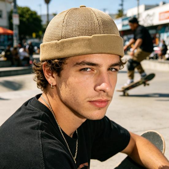 Brimless Melon Skin Hat, Elastic Edges 360 Degree Ventilation Summer Hat, Lightweight Breathable Mesh Cap for Men Women