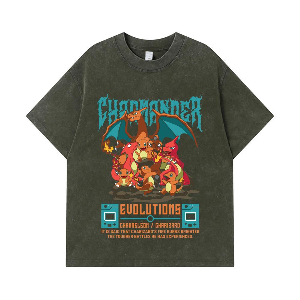 275 GSM Washed T-shirts 100% Cotton Pokemon V6 Charmander Evolutions Print Unisex Heavy Cotton T Shirt S