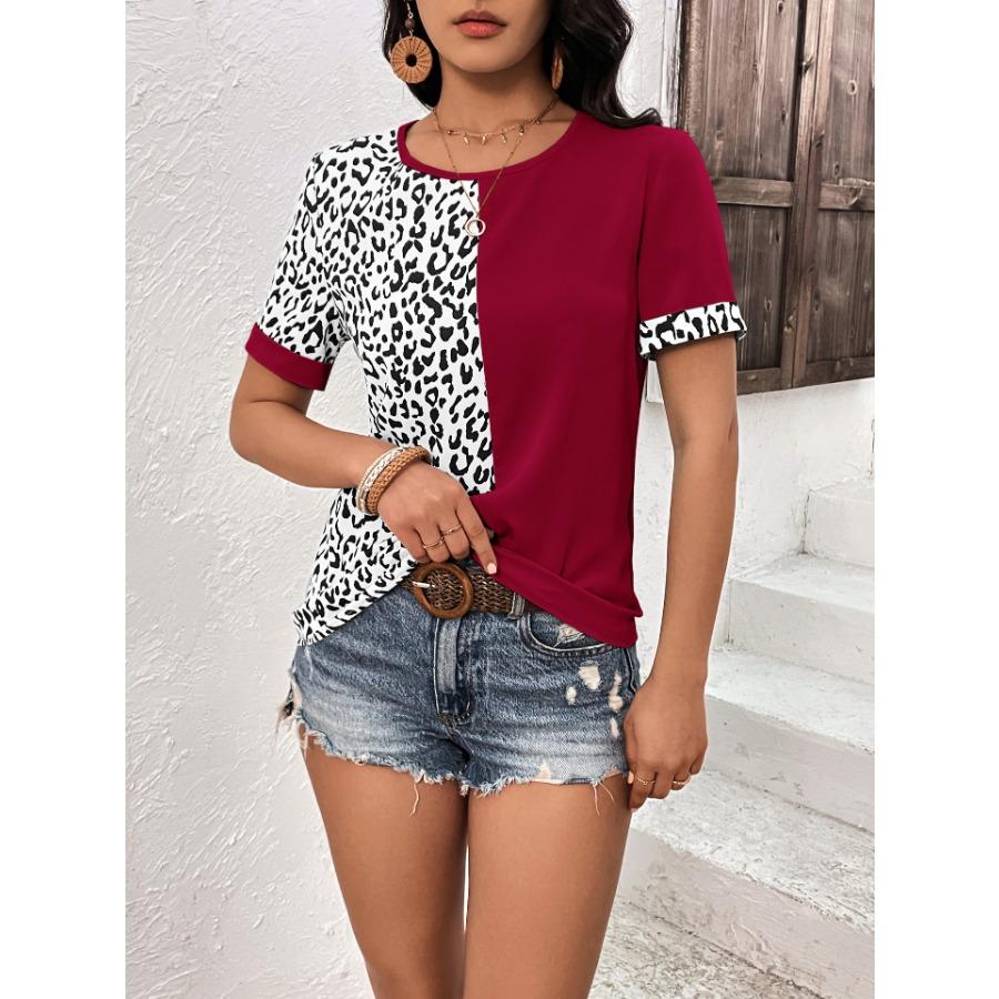 Women's Summer Leopard Print Patchwork T Shirt Round Neck Short Sleeved Top for Women