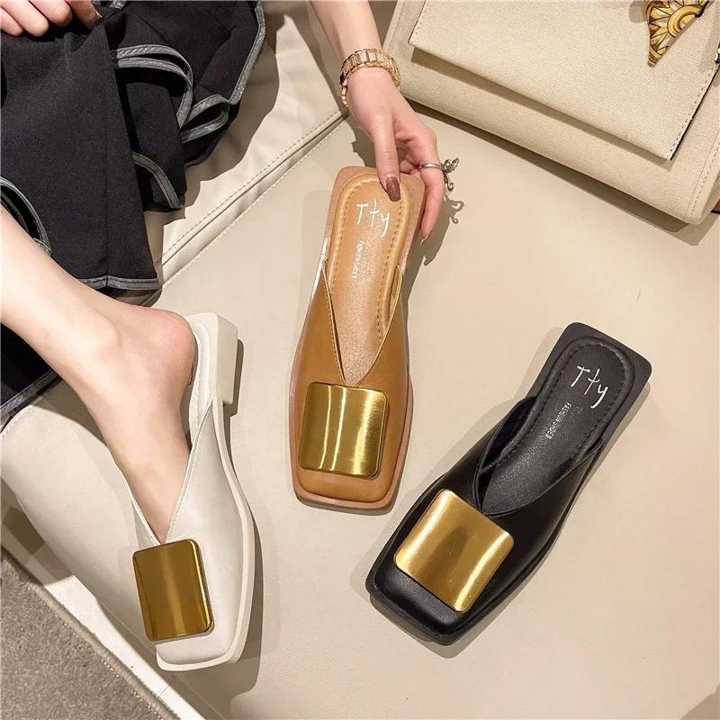 Fashion Designer Women's Casual Slippers 2025 Fashion Metal Buckle Shallow Flat Heels Square Toe Shoes for Women Brand Outdoor Slides