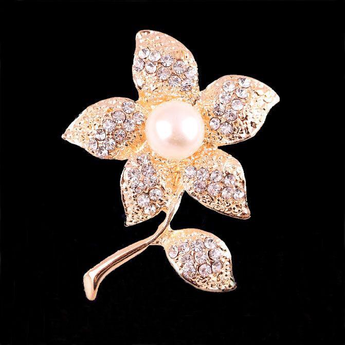 Gold Flower Rhinestone Pearl Lapel Brooch - Korean Style Accessories Zhenyao Jewelry