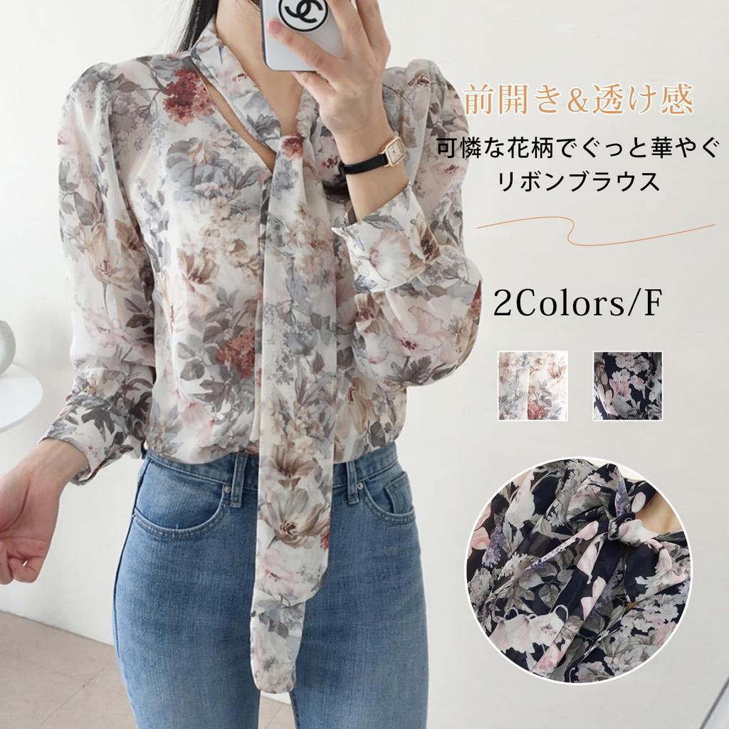 Long Sleeve Floral Print Ribbon Dress Open Perfect for Everyday and Fall [Leadamon-oee] Women's Shirt, V-Neck, See-Through Top, Front, Flattering,