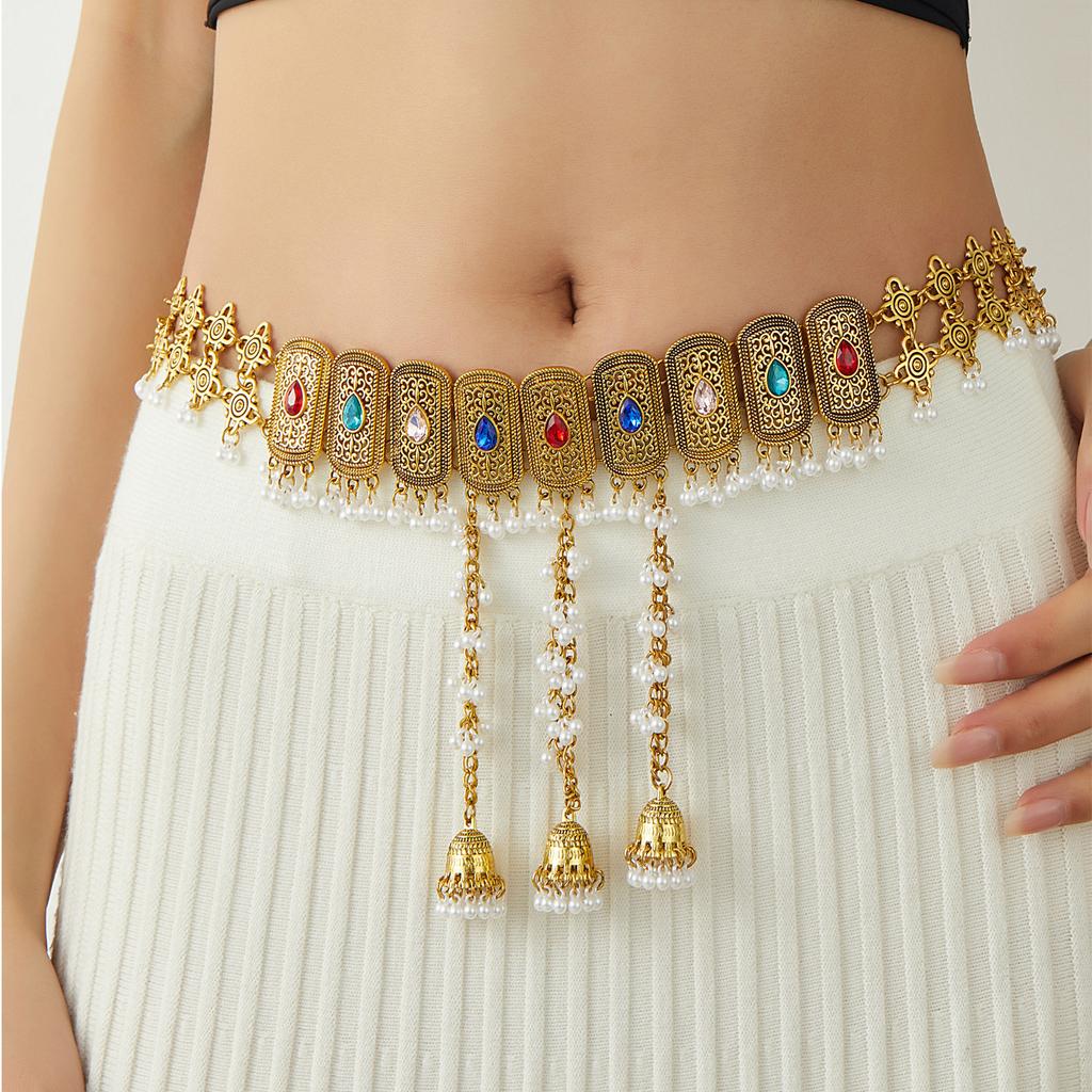 Retro Diamond Chimes Fringed Pearl Waist Chain Women'S Fashion Temperament Body Chain Bohemian Ethnic Style Waist Jewelry