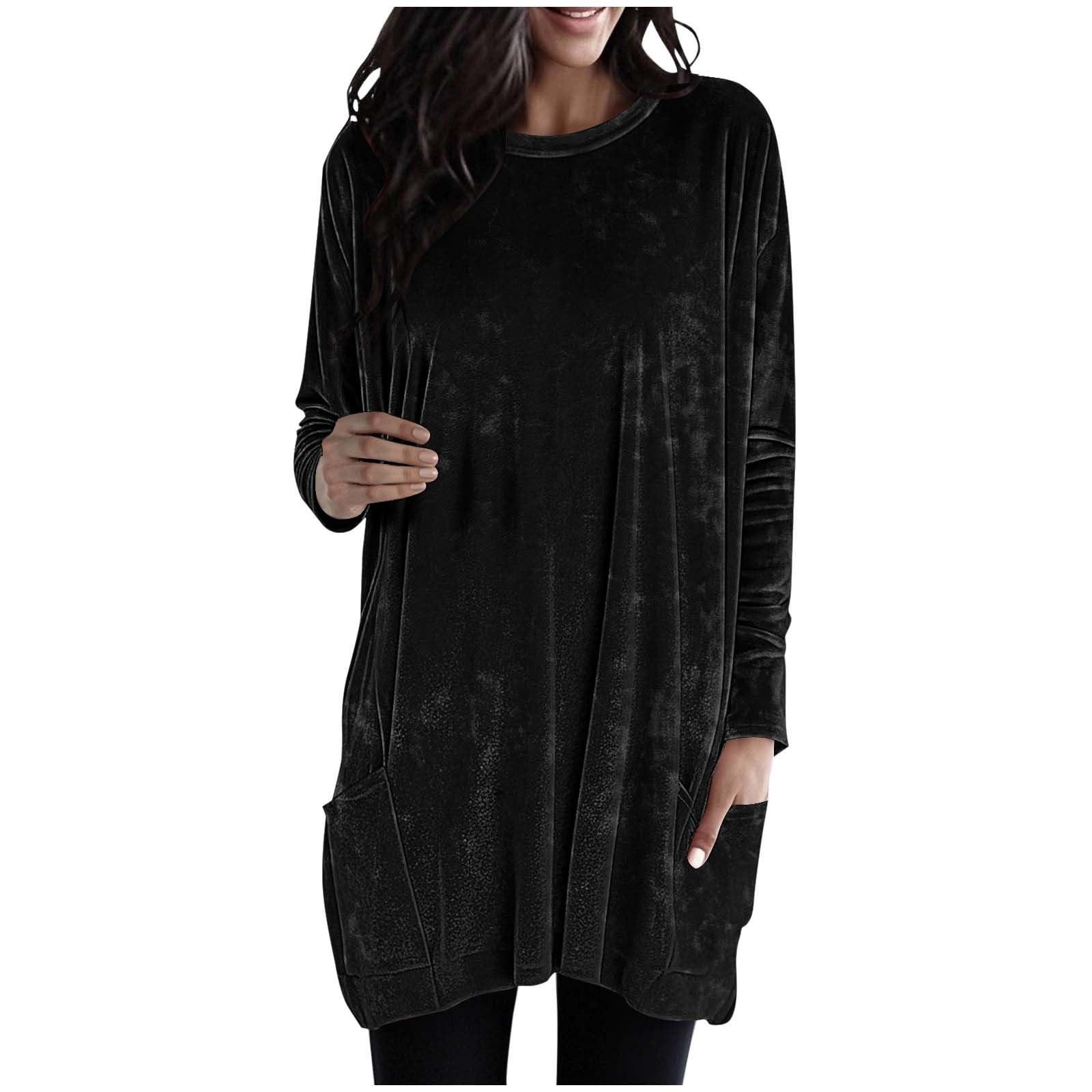 

Бархатные туники с длинным рукавом для женщин, свободные блузки с круглым вырезом, винтажные повседневные пуловеры, футболки с карманами M чёрный