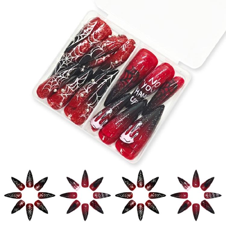 

48Pieces NonToxic Press On Nails Spiders Web Design Burgundys Color Plastic Fake Nail For Fashionable Daily Styling 1