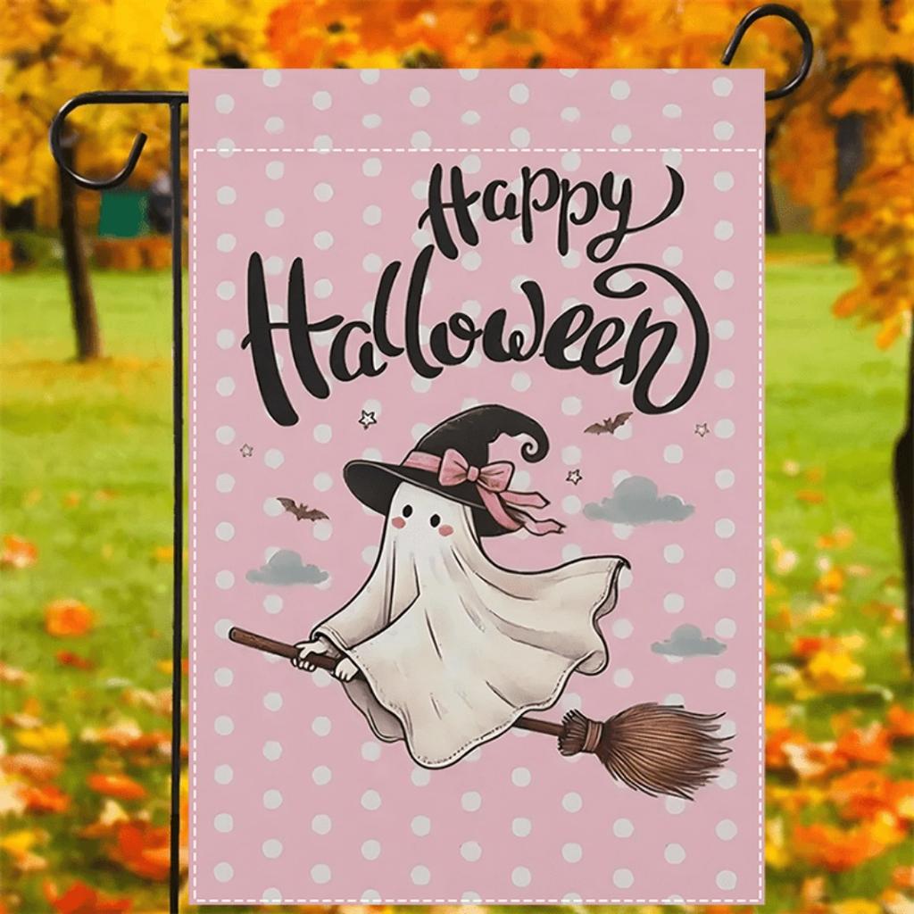 1pc Pink Happy Halloween Garden Flag Lovely Ghost Print Suitable for Halloween Yard Outside Decoration No Flag Pole 12X18 Inch