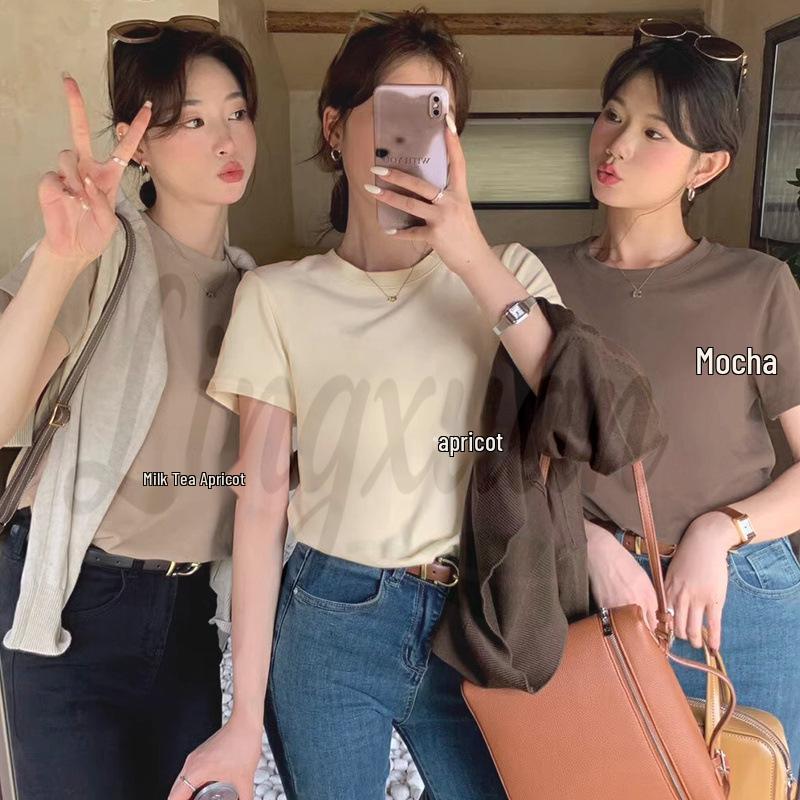 Women s Retro Hong Kong Chic Solid Color Round Neck Short Sleeve T-shirt - Slimming and Versatile Summer Top S