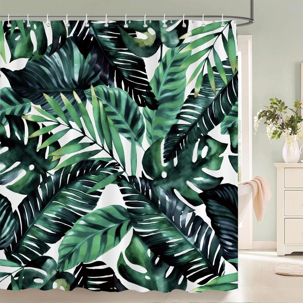 1 Pack of Watercolor Flower Plant Pattern Polyester Shower Curtain Bathroom Partition Curtain with Hooks Home Decorative Curtain