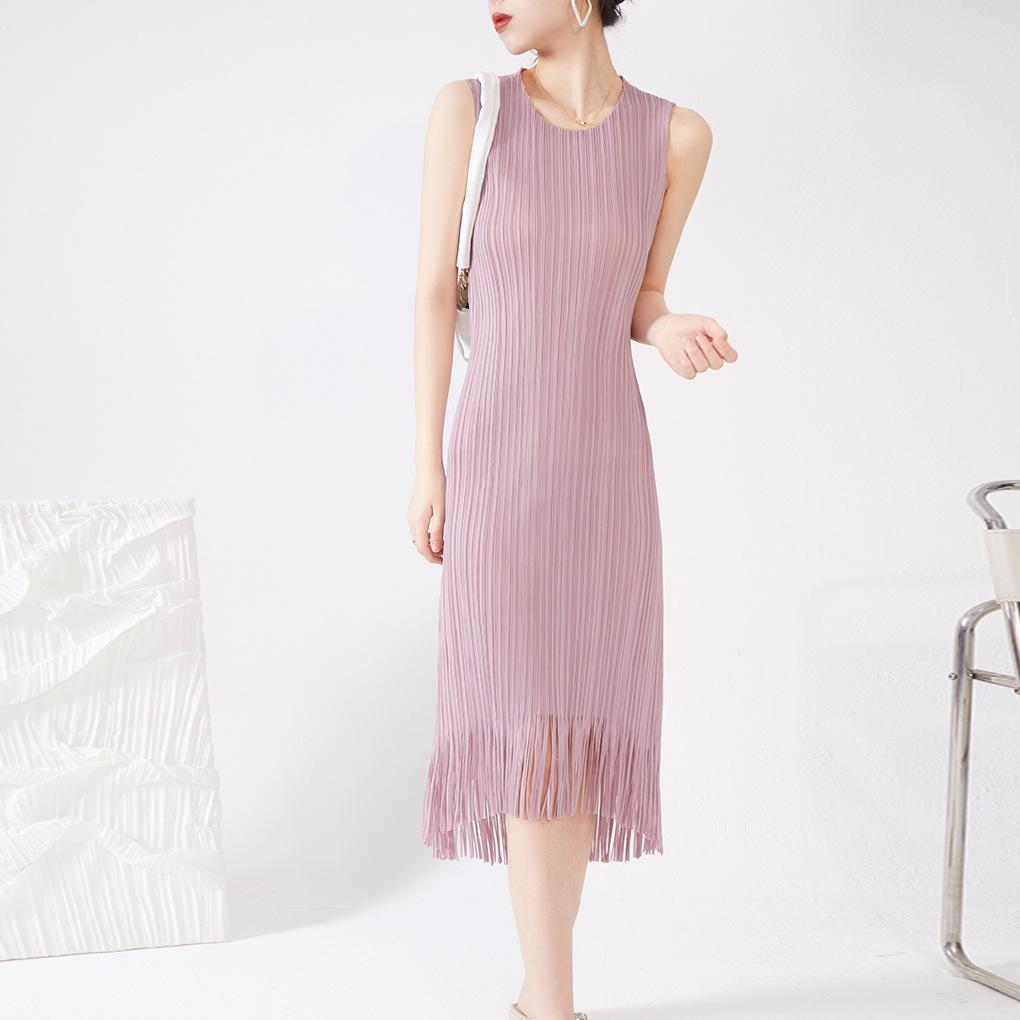 

Miyake Pleats Women s Fringe Hem Sleeveless Pleated Summer Dress One Size хаки