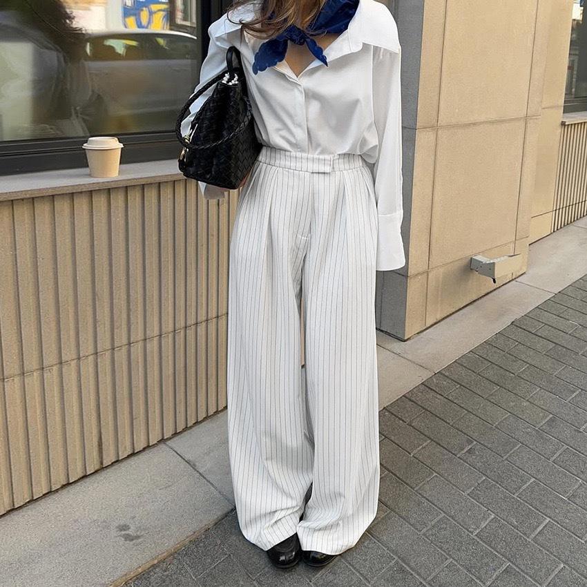 Womens White Striped Wide Leg Loose Casual Commuting Long Pants S