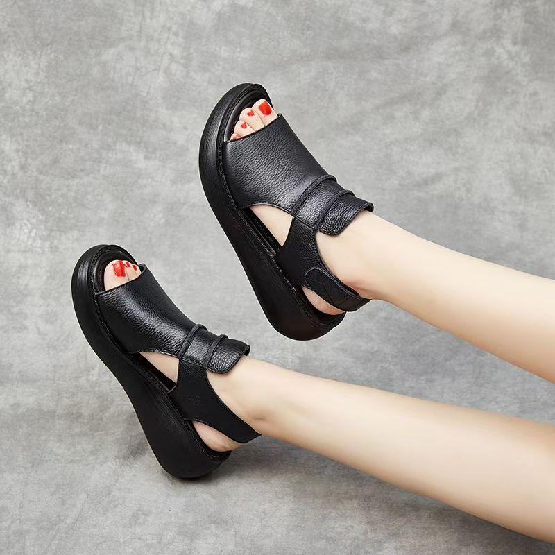 Women's Leather Thick Sole Peep Toe Sandals Summer New Lightweight Non Slip Breathable Wedges Slip On Sandals Beach Sandals