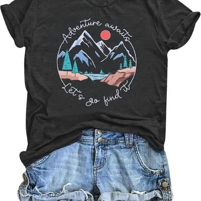 Adventure Awaits Shirt Women Hiking Camping Shirts Wanderlust T Shirt Let's Go Find It T-Shirt Colorado Short Sleeve Tops