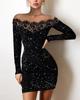 Lace Off-the-Shoulder Glitter Bodycon Dress with Hollow Out Highlights