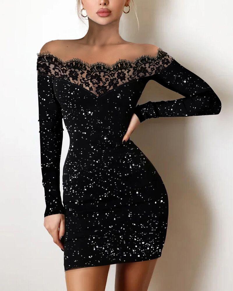 Lace Off-the-Shoulder Glitter Bodycon Dress with Hollow Out Highlights