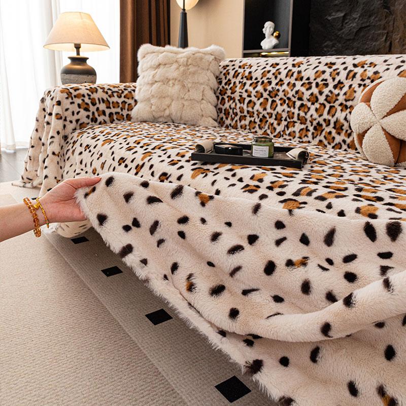 1PC- Autumn and winter rabbit skin leopard print sofa cover fabric, anti cat scratch and anti slip, all season seat cushion