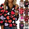 Damen Retro Street Lässiger V-Ausschnitt Langarm Knopf Valentinstag Herz Pullover Top