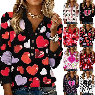 Women's Retro Street Lazy V,neck Long Sleeve Button Valentine's Day Heart Pullover Top