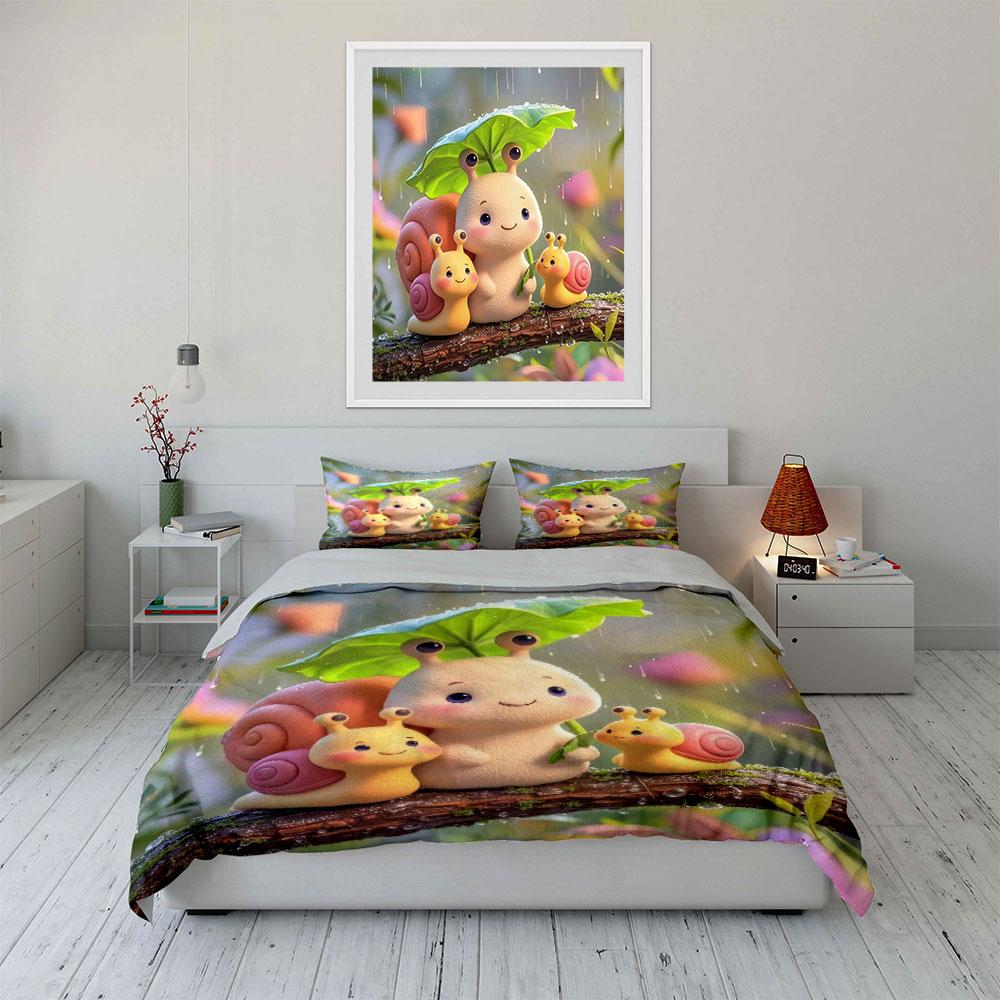 Cute Snail Family Decoration Set Bedding Set with 1 Duvet Cover 2 Pillowcases Single Double King Queen, Gift