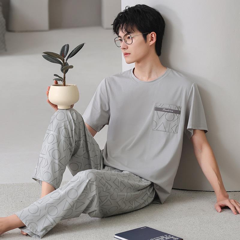 Pajamas Men's Summer Cotton Short Sleeve Trousers Thin Summer Casual Large Size Summer Loungewear Set
