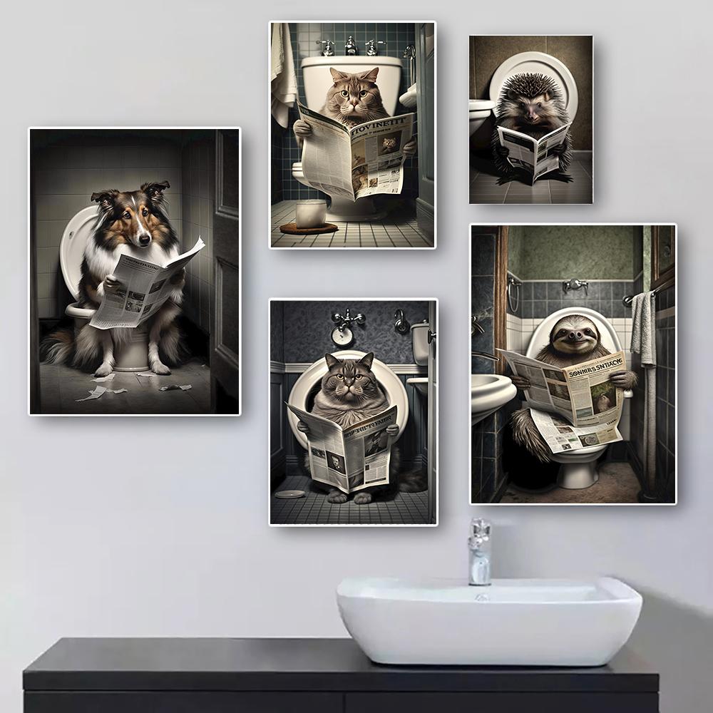 

Cat Sitting On Toilet Reading Newspaper Funny Bathroom Wall Humor Poster Decor Animal Porcupine Canvas Painting Room Home Decor No Frame