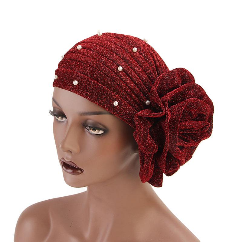 Elastic Beading Women Big Flower Turban Cap