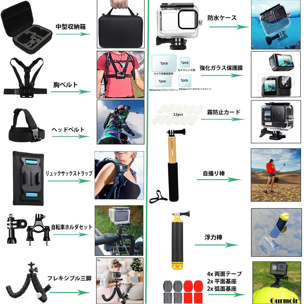 Gurmoir Sports Camera Outdoor Accessory Set Compatible with GoPro Hero 13/Hero 12/Hero 11/Hero 10/Hero 9 Sports Cameras (DT13)