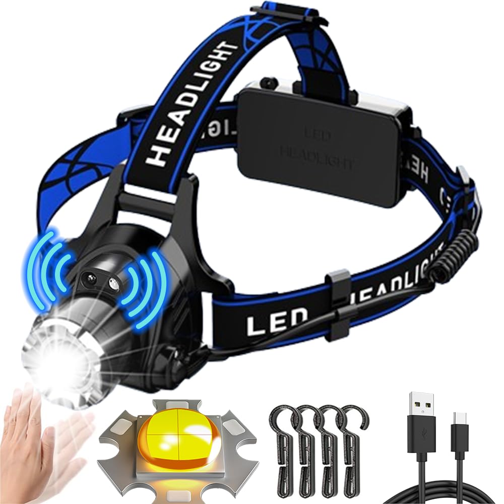 Newly Developed Powerful XHP50 LED USB 1500 3 Lighting and Ideal for Emergency and Headlamp, Rechargeable, Type-C, Lumens, Sensor-Enabled, Zoomable,