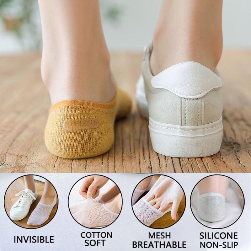5 Pairs Summer Women's Mesh Cotton Socks Solid Color Silicone Invisible Boat Socks Silicone Non-slip Ankle Socks Deodorant Antibacterial Socks