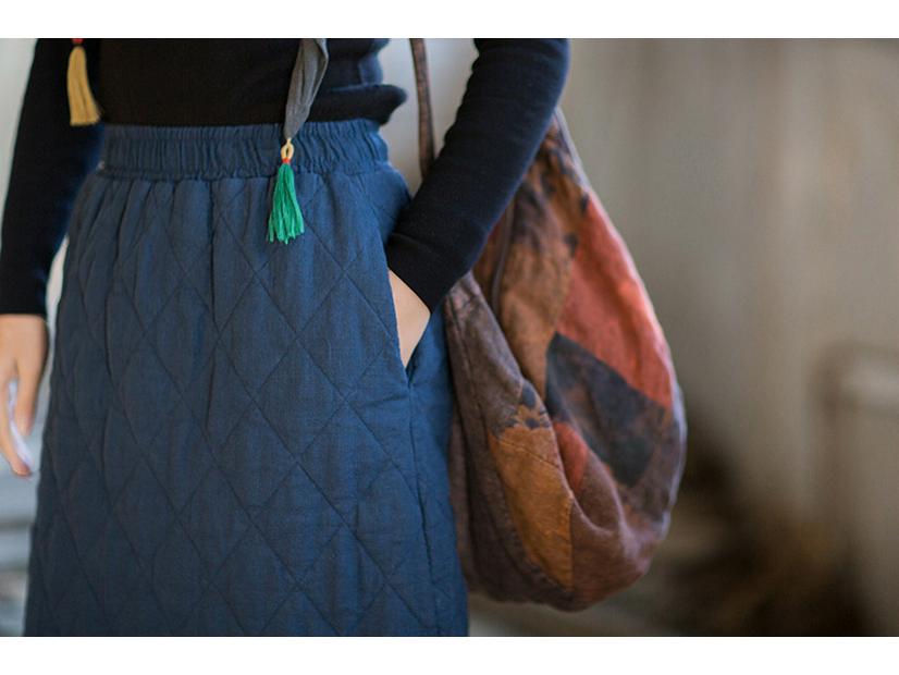 Women's Retro Mid-Length A-Line Skirt: Winter Quilted Diamond Plaid, Ramie Cotton, Loose Chinese Style