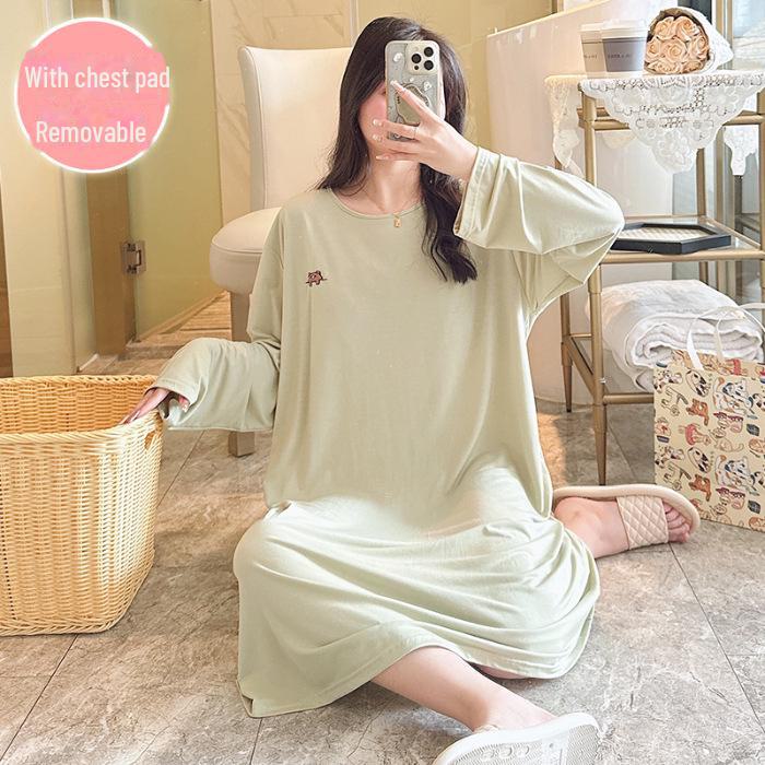 Modal Long-Sleeve Nightdress with Chest Pads for Plus-Size Women