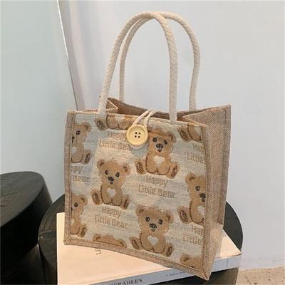 Bear Linen Tote Bag Women Go Out Handbag 2021 Japanese Small Satchel Student Shoulder Bag Tide