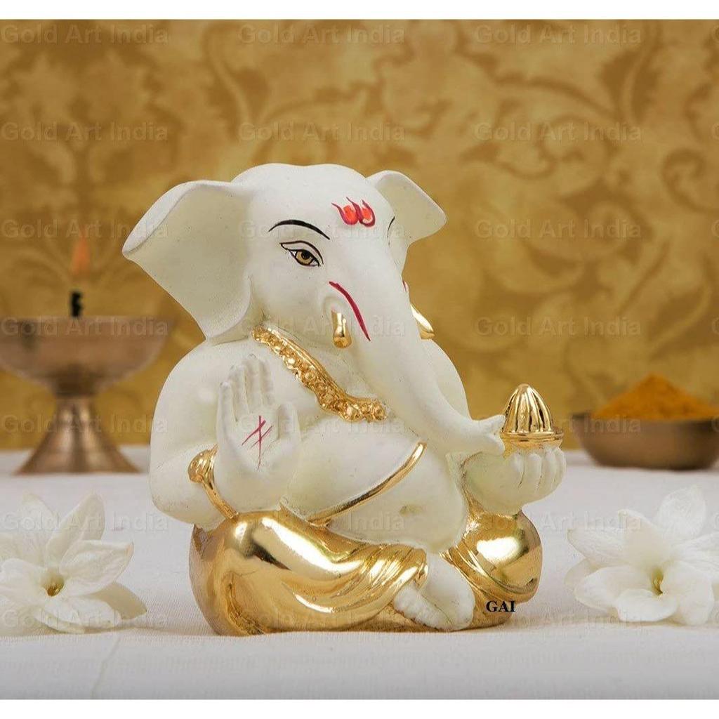 Gold Plated Ceramic Appu Ganesh Idol for Car Dashboard Small Ganesha Murti Ganpati Idol for Home Decor