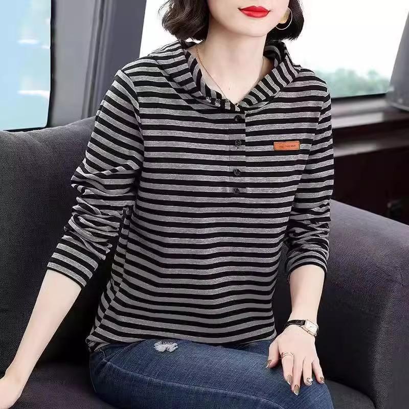 Striped Long-sleeved T-shirt for Women's Loose Versatile Hooded Sweatshirt Base Shirt Fashionable Top