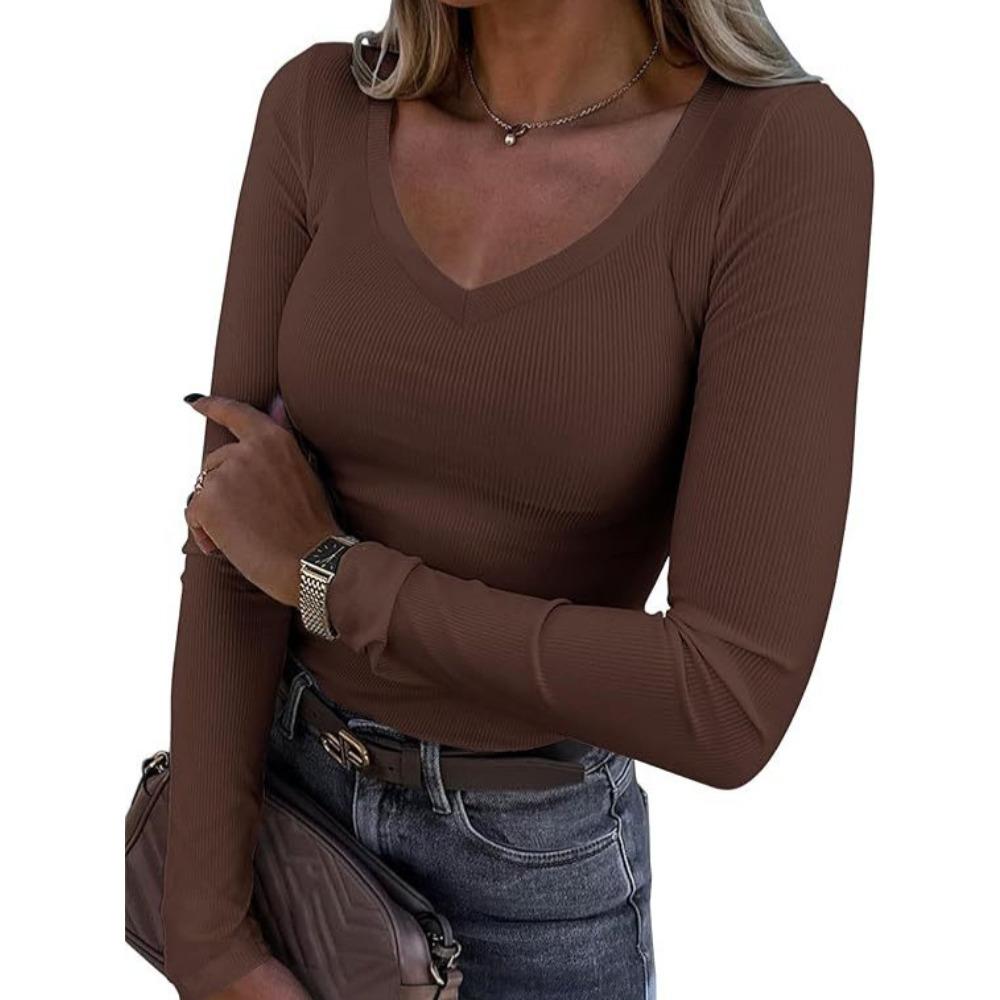 Women Ribbed Slim Long Sleeve Top, Sexy V Neck Long Length Casual T-shirt