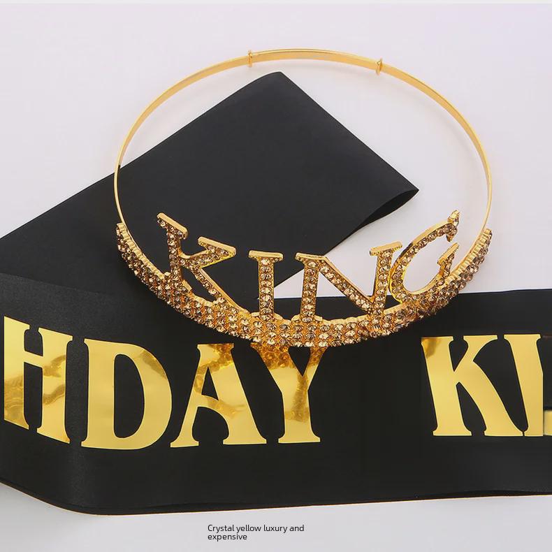 Men's Birthday King Crown and Sash Set - Party Hat Headdress for Cake Celebration