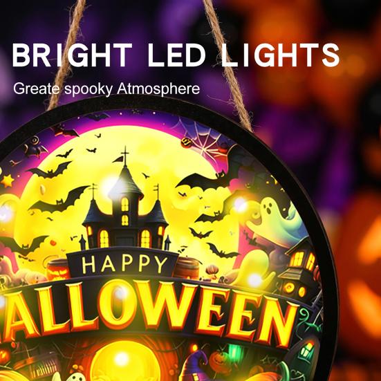 Festive Halloween Decorations LED Glowing Hanging Decor, Acrylic Window Ornament with Light, Spooky Ambiance Sign for Door Wall Haunted House,
