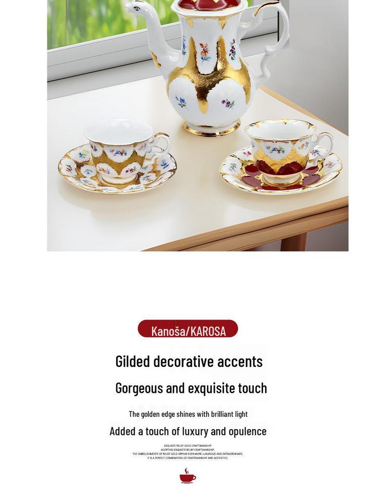 Karosa European Relief Gold Coffee Cup Set - Luxury Gold-Trimmed High-Temperature Bone China Cups & Saucers in Gift Box