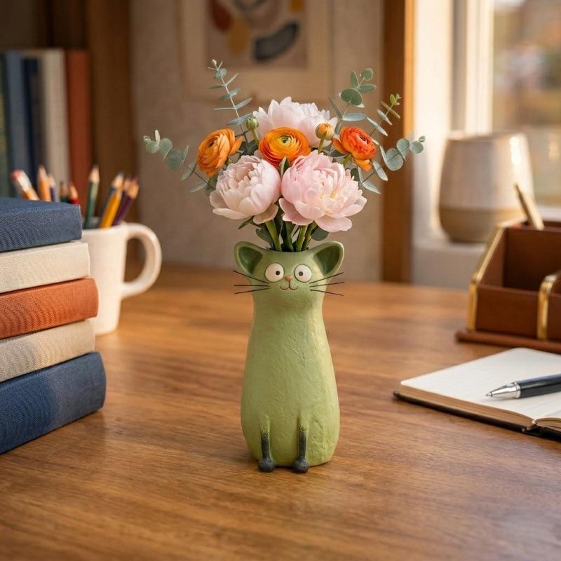 

Creative Cat-Shaped Ceramic Vase, Cute Desktop Decor зелений