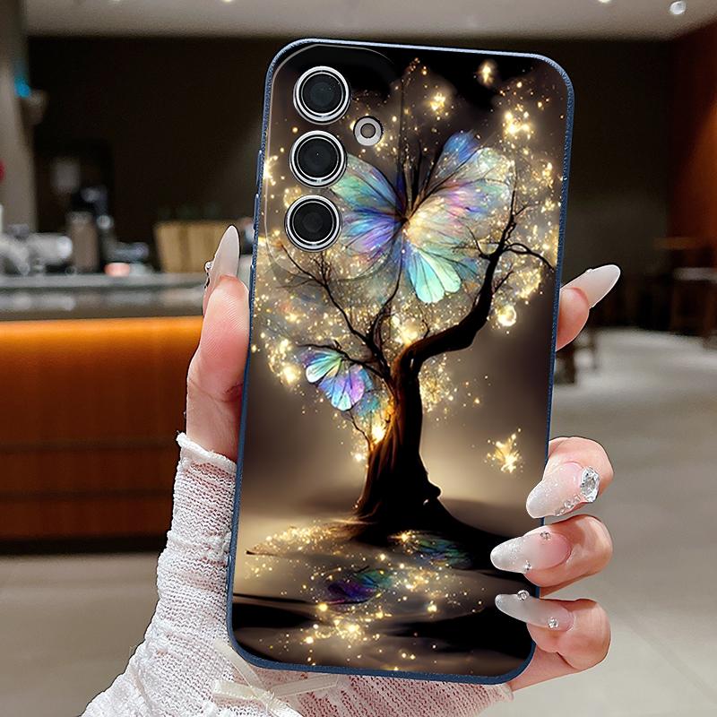 Shining Fantasy Tree Butterfly Pattern Case For Samsung Galaxy S26 Ultra S25 Edge S24 S23 S22 Plus S21 FE Leather Texture Silicone Cover