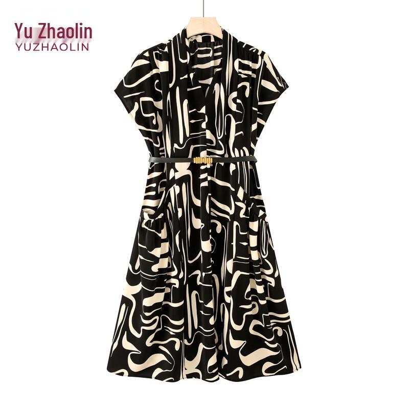 YUZHAOLIN French Retro V-Neck Printed Midi Dress XL
