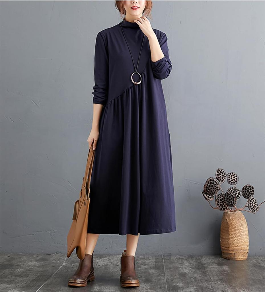 JIYUTOR Turtleneck Long Loose Solid Plus Long Dress for and Winter Women's Dress, Sleeve, Knee-Length, Fit, Color, Simple, Sizes, Slimming, Spring,