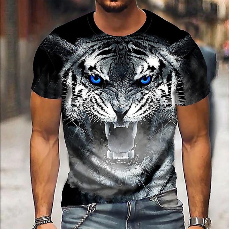 Męski T-shirt z krótkim rękawem z okrągłym dekoltem i nadrukiem cyfrowym 3D tygrysa - Modny Oddychający Wygodny Top na Lato Oversize