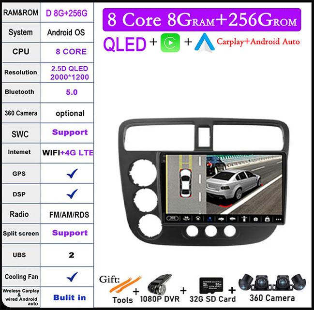 9 Lnch For Honda Civic 7 2000-2006 QLED Android 14 Car Radio Multimedia Video Player GPS AI Voice 4G CarPlay Head Unit Stereo
