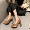 10Cm high heels women's round head single shoes 2025 spring new fashion bow thick heel waterproof table temperament advanced sense